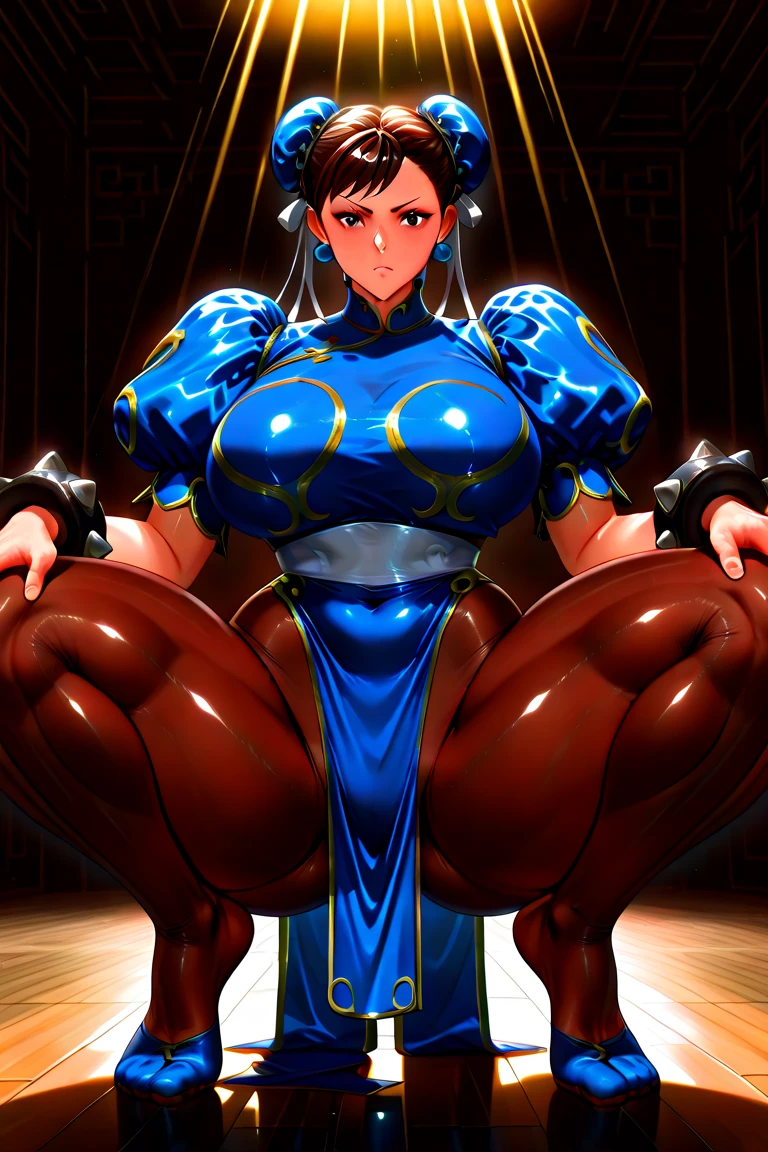 Una chica, Chun Li, voluptuosa, muslos grandes, pezones duros, cejas gruesas, grande trasero, grande cintura, grandes senos, muy feliz, oficinista con ropa corta, sexy, obra maestra,
