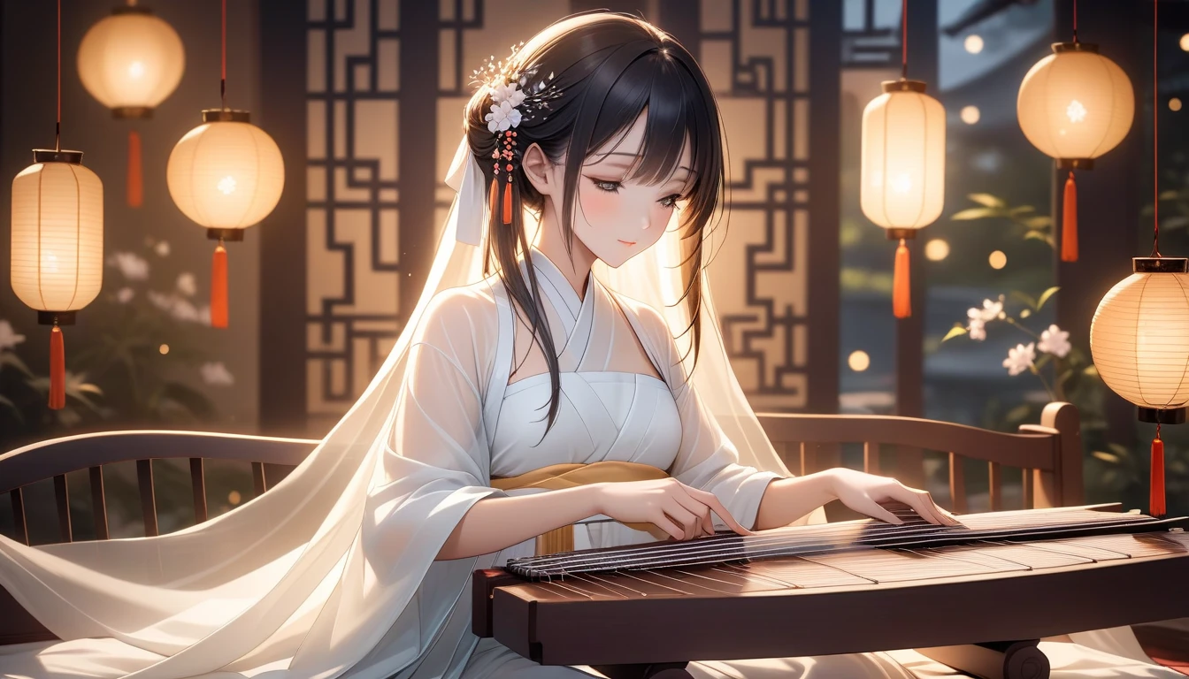 Arabian woman in white dress playing a Chinese musical instrument, Traditional Chinese, Chinese style, palace , Girl in Hanfu, Inspired by Tang Yin, The style of Kokhana, Beautiful renderings of the Tang Dynasty, Chinese women, Chinese Girl, Gorgeous Chinese Model, Traditional beauty, With ancient Chinese aesthetics, Trending on cgstation, Inspired by Ma Lin、Fingers are especially beautiful and realistic.、