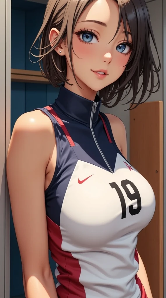 (masterpiece:1.2, highest quality), (realistic, photorealistic:1.4), beautiful illustrations, (natural side lighting, movie lighting),
looking at the viewer, (focus on the chest), (From above:1.1), close,
((1 mature woman, Japanese, 28 years old)), High school physical education teacher, perfect face, Cute symmetrical face, shiny skin, baby face,
((handsome short hair:1.6, shaggy cut, dark silver purple hair)), hair between eyes, The chest of an idol with deep purple eyes, seductive thighs, big ass), earrings,
beautiful hair, beautiful face, thin and beautiful eyes, beautiful clavicle, beautiful body, beautiful breasts, beautiful thighs, beautiful feet, beautiful fingers,
((blue tracksuit, white pants)),
(beautiful scenery), evening, outdoors, walk, (smile, open your mouth),
