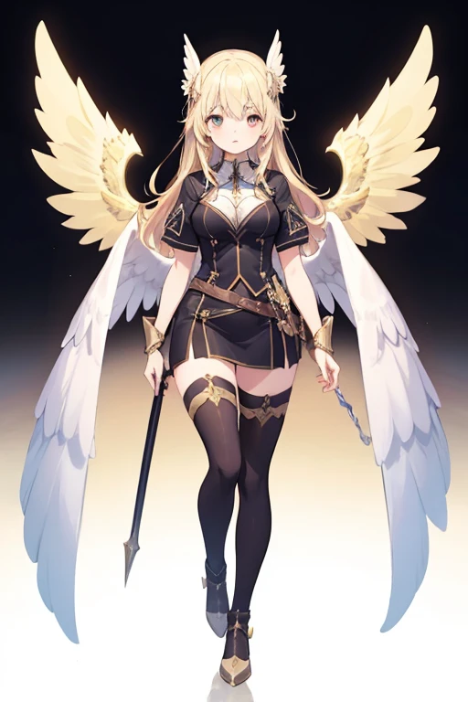 wide shot, (solo, 1girl, Dark Valkyrie \(monster girl encyclopedia\), black wings, chain, choker, colored skin, fallen angel, pauldrons, gauntlets, monster girl, multiple wings, pale skin, shield, shoulder armor, valkyrie, weapon:1.1), standing split, neutral, blush, looking at viewer, medium breasts, multicolored hair, bun, surreal, fantasy, semi-arid desert, salon, glitter particles, <lora:fukuda_shinichi_style_v01:1>