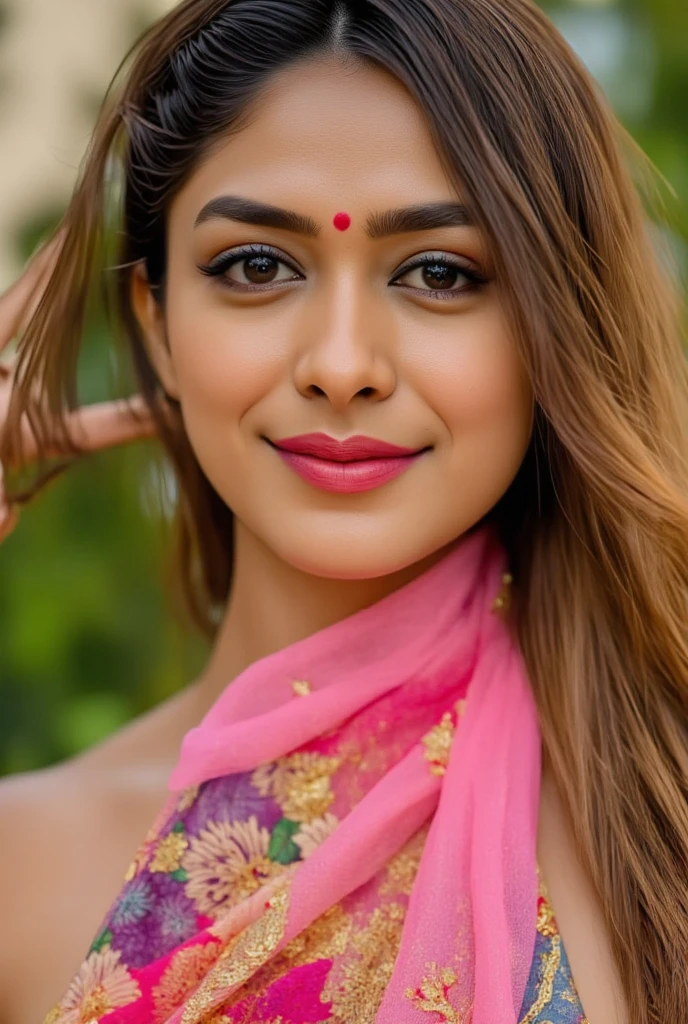 portrait of skswoman, :d , wearing silk , with strawberry blonde Bob , background frozen lakeside epic (photo, studio lighting, hard light, sony a7, 50 mm, matte skin, pores, colors, hyperdetailed, hyperrealistic), <lyco:Sai Pallavi:1.1>