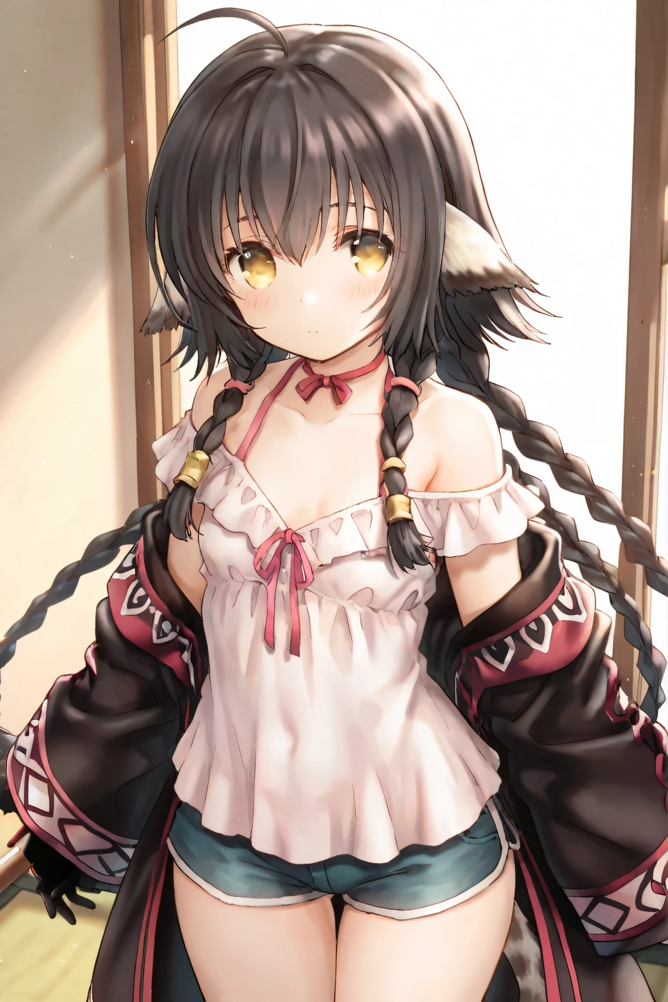 black hair, messy hair, bell, dragon horns, glaring, happy tears, wolf ears, food on face, pout, light smile, angry, annoyed, embarrassed, blush, tsundere, drooling, cowboy shot, nopan, crouching, pussy, farting, pooing, pooping, 8k, masterpiece
