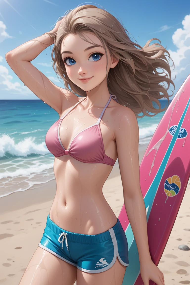 (cute woman, age 20, is an adorable sexy cat woman, big eyes, cute swimsuit, fluffy tail), she is surfing on small waves, super cute, so excited, show her from head to toe, hawaii
