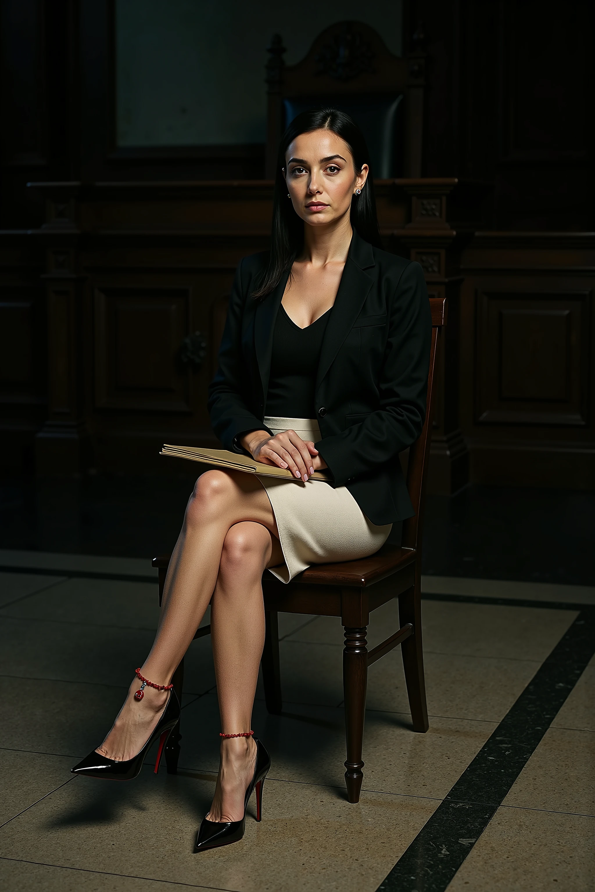 Full body shot from the distance, dramatic indoor lighting with cold, directional highlights and deep shadows that emphasize architecture and elegance. The scene takes place inside a grand, classic European-style courtroom with dark wooden walls, high ceilings, and the judge’s bench in the background. The mood is solemn and intellectual.
A confident and elegant woman sits gracefully in front of the judge’s tribune on a formal wooden chair or courtroom bench. Her posture is refined: her back is straight, one leg elegantly crossed over the other, and her arms relaxed but composed. A slim legal folder rests on her lap, held lightly with one hand.
Her expression is serious and focused, with a calm yet commanding presence. Her fair skin with a soft warm undertone appears luminous under the cold, cinematic lighting. Her facial features are sharp: almond-shaped dark eyes, softly arched dark brows, high cheekbones, a straight nose, and full lips in a matte berry tone. Her long black hair is neatly styled — either down over one shoulder or tied back loosely.
She wears her signature formal outfit: tailored black blazer, fitted black V-neck tank top that enhances her neckline and natural bust, well defined cleavage line, structured white skirt that ends just above the knees. On her feet, black patent leather Christian Louboutin So Kate stilettos with sharply pointed toes and slim high heels.
On one ankle only, she wears her red double-strand beaded anklet with two small Turkish evil eye charms (one red, one blue), barely visible but symbolically present.
Background: ornate courtroom setting with wooden details and marble floors. Cold lighting focuses softly on her figure, casting elegant shadows around her. Mood: serious, intelligent, elegant.