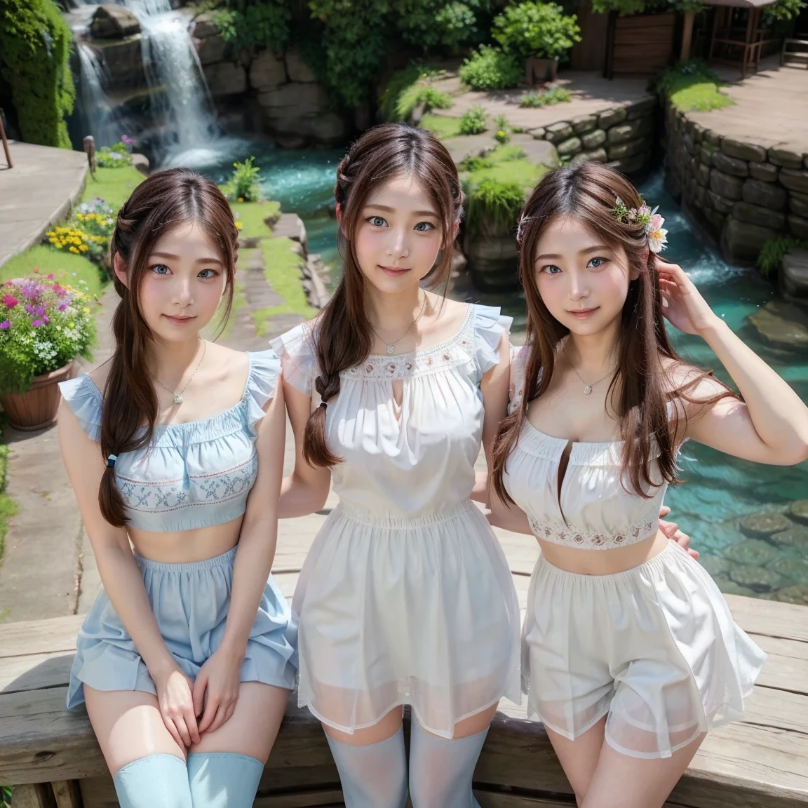 Ultra-detailed、masterpiece、Highest quality、Ultra-high resolution、8K High Resolution、Photo-worthy clarity、Detailed eyes、Gradation、Spring Outdoors、During the school cultural festival、3 people、Perfect anatomical figure ,hard disk、Hmph , Nikon Z9 80mm Lens , Tabletop、Model standing、Small panties、tiny micro panties、Pubic hair is visible through the lace of the panties、(((The panties are mint green. The mint green panties are made of lace material.)))、(((dark blue 、White blouse、Cute white short sleeve blouse with red ribbon、Short loose socks、Dark brown loafers)))、(((View all panties)))、(((The skirt is definitely worn.)))、(((Raise the hem of a skirt)))、Sit in a triangle shape with your thighs slightly inward、 Focus、Too bright natural light、sunlight、Detailed  pattern、Plain white panties、(((Lift up your skirt while standing、Showing panties to the camera)))、(((Beautifully aligned and white teeth)))、(((Lifting the skirt higher and higher,、Show your panties to the camera)))、The most popular and beautiful employees in the company、Super Slim Body G Cup Bust、Slim model body type、Beautiful posture、
