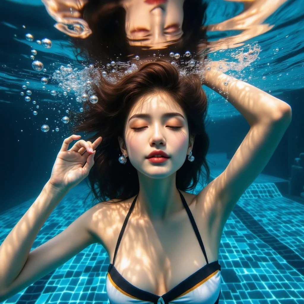 (8K分辨率,(Portrait of a person taken in the ocean),barebacked,Contains underwater sub-shots,Women's diving swimming),(Multiple women,age 22,Mature sexy woman,((s delicate face,详细的脸,cute face,Small bubbles on the face),(Flowing hair in the water,Hair that flutters with the waves,Detailed shadow of underwater hair)),Fair smooth skin,Skin with small bubbles,(Best Skin Type:1.21),Flesh-colored breast patches,perfect body figure,Perfect back,Delicate skin texture,((Smooth back, Openwork lace,Tong,(black in color,red colour),(Soak in seawater,Multiple people frolic)),delicate leg,perfect hand),(Luxury beachfront gatherings,Scene of multiple people frolicking in the water,Clear water,spray,Floating bubbles,Exquisite environmental details),(Professional lighting,Underwater light,Artistic lighting,Refraction of light in water)),(Golden ratio line,Underwater art shots,Hasselblad photograp,tmasterpiece:1.3),(advanced art,wallpaper hd,Official propaganda,Art platform)