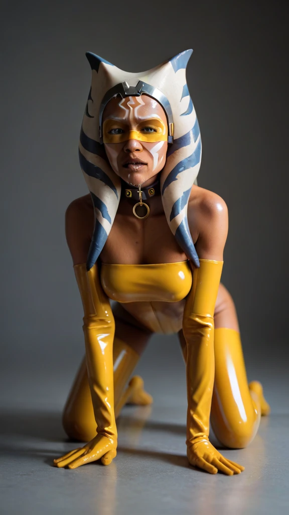 (masterpiece, best quality, ultra-detailed), AhsokaTano, showing pussy, labia, pussy lips, cameltoe, camel toe, nude, naked, no clothes, (orange skin:1.2), blue eyes, makeup, (blue shirt:1.2), hip armor, (portrait shot, full body), looking at viewer, showing off her body