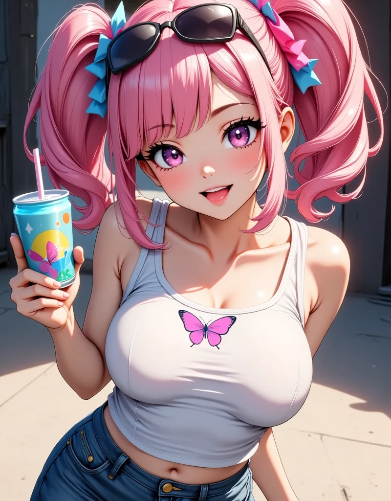 Deviluke, That Deviluke, teeth, Long Hair, (Pink Eyes:1.5), Pink Hair, tail, (Super big breasts:1.2), smile,blush,ponytail,Tank top,Shorts,barefoot,Sitting on the couch,A girl eating an ice cream cone in her right hand,
break indoors,indoor ,
break looking at viewer, (Cowboy Shot:1.5),
break (masterpiece:1.2), highest quality, High resolution, unity 8k wallpaper, (shape:0.8), (beautiful detailed eyes:1.6), extremely detailed face, Perfect lighting, extremely detailed CG, (Perfect hands, Perfect Anatomy),Camel Toe、Giant tit、Nipple Puffs、Cleavage、Plump、Super big breasts、Super big butt