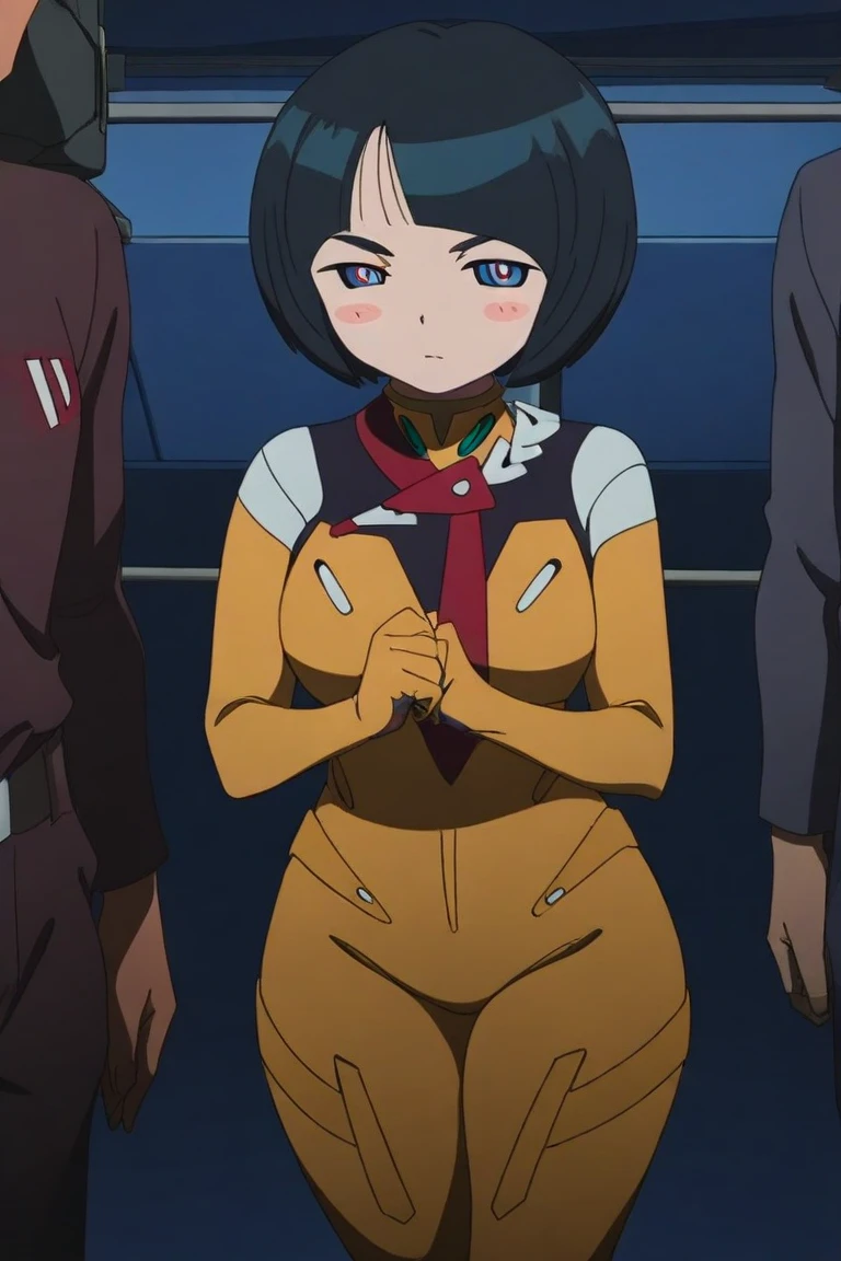 (styled depicting a single moment from a manga for adults), (((round face))), (drooping eyes, focus on her ecstasy face, spread legs), (worker clothes, shirt, shorts, hair up), (((straddling to hit her shorts against the pipe for masturbation))), ((in the factory, machines)),NSFW