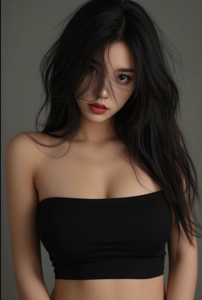 ultra high res, masterpiece, best quality, perfect glossy shiny skins, perfect lighting, detailed lighting, dramatic shadows, ray tracing, 1girl, black sweater, looking at viewer, off shoulder, Big breasts, Exposed cleavage, blue Eyes, sharp face, sharp eyes, ((Dark background)), open mouse,