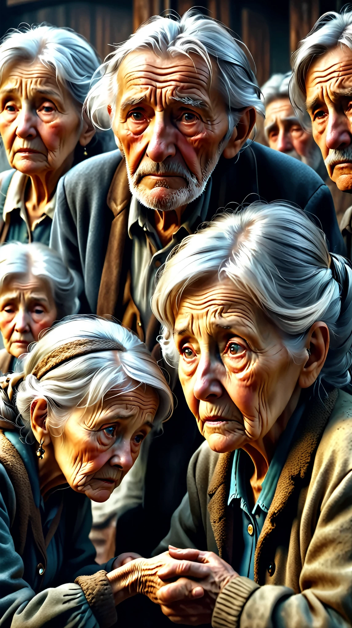 Dynamic photo of some sad and helpless old peoples, realistic cinematic style, 4k ultra HD quality in 3D