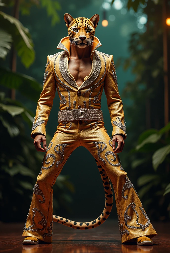 Golden panther with a Panama hat on his head. All around is the jungle.