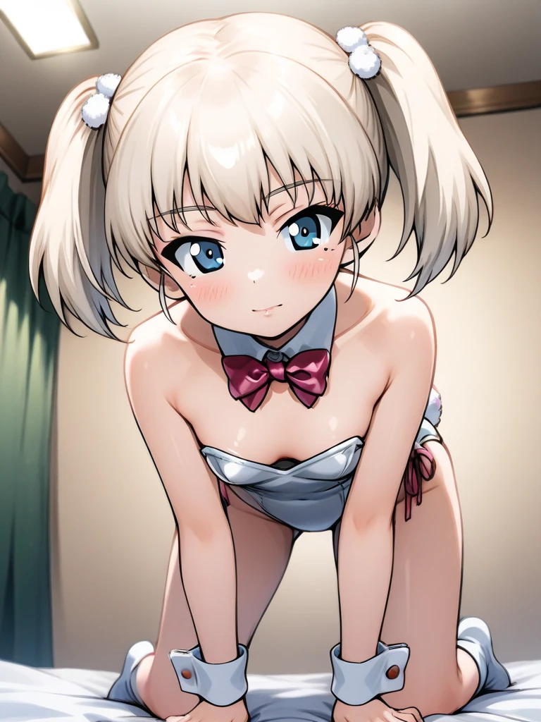 (busty girl), solo, (unexpected expression)(mouth open, (white jacket), (short pink t-shirt), narrow(white thong)(high-leg)(high-cut), erect nipples, narrow constricted waist, (exposed belly)(belly button), Small hips, bare hips, (partially exposed)vulva(labia), (blond hair)buns(twintails), White ribbon, Dark Eyes, blue eyes, sunny metropolis, clitoris(crotch wedge)cameltoe