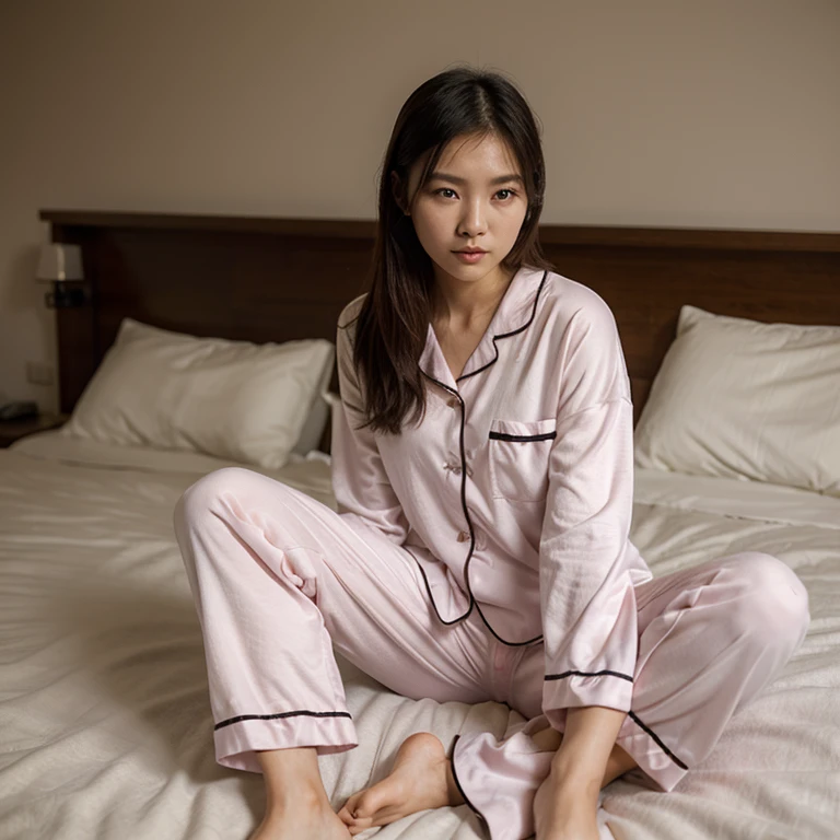It was raining heavily outside the window，15-year-old beautiful girl wearing dignified pajamas，Getting ready for sleep。Bedroom luxury，peaceful，Warmth。
