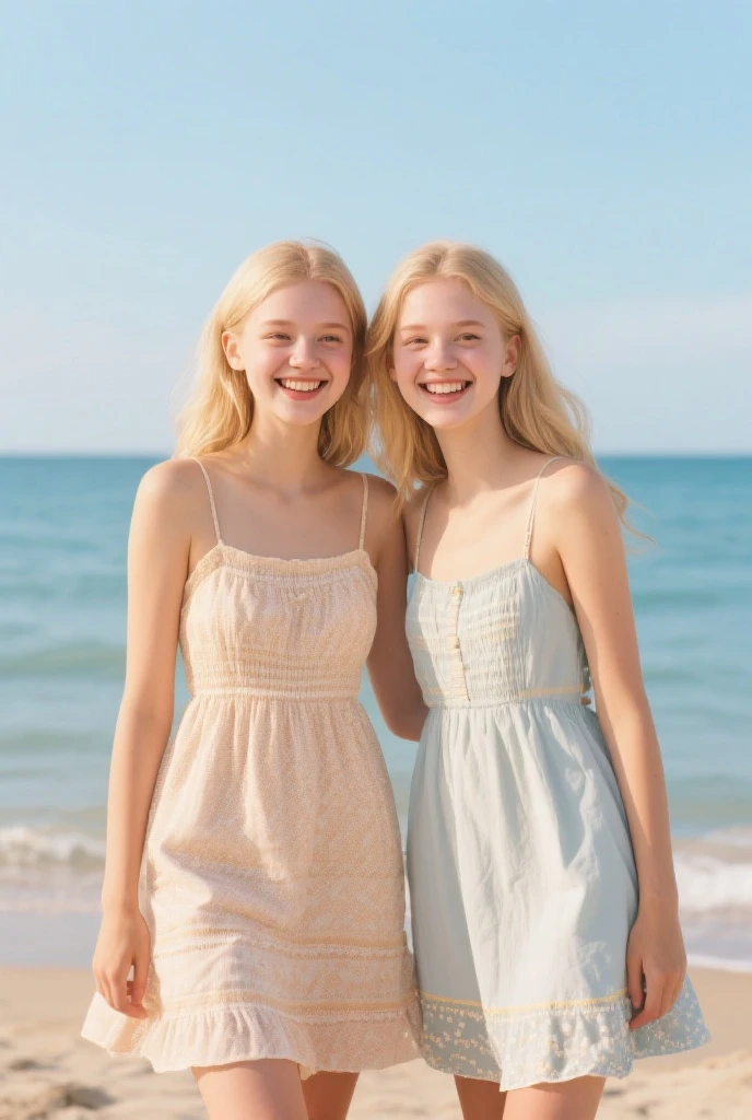 Por favor, Create an image that depicts a magical scene in a small seaside town. About the price, There are two inseparable friends, Sofia e Marlene;. Sofia is a smart girl with blonde braids and wears a gorgeous blue dress that stands out in the sea breeze. She's smiling with an expression of joy as she lovingly holds an old map in her hands. Marlen tem um cabelo azul, wears glasses, She is a determined and curious girl. She's by Sophie's side, olhando atentamente para o mapa. The two girls are on the beach, with their feet sunk in the golden sand and the blue sea glowing softly in the background. The sun is setting on the horizon, Painting the sky with shades of orange and pink, creating a calm and magical atmosphere that envelops the entire scenery