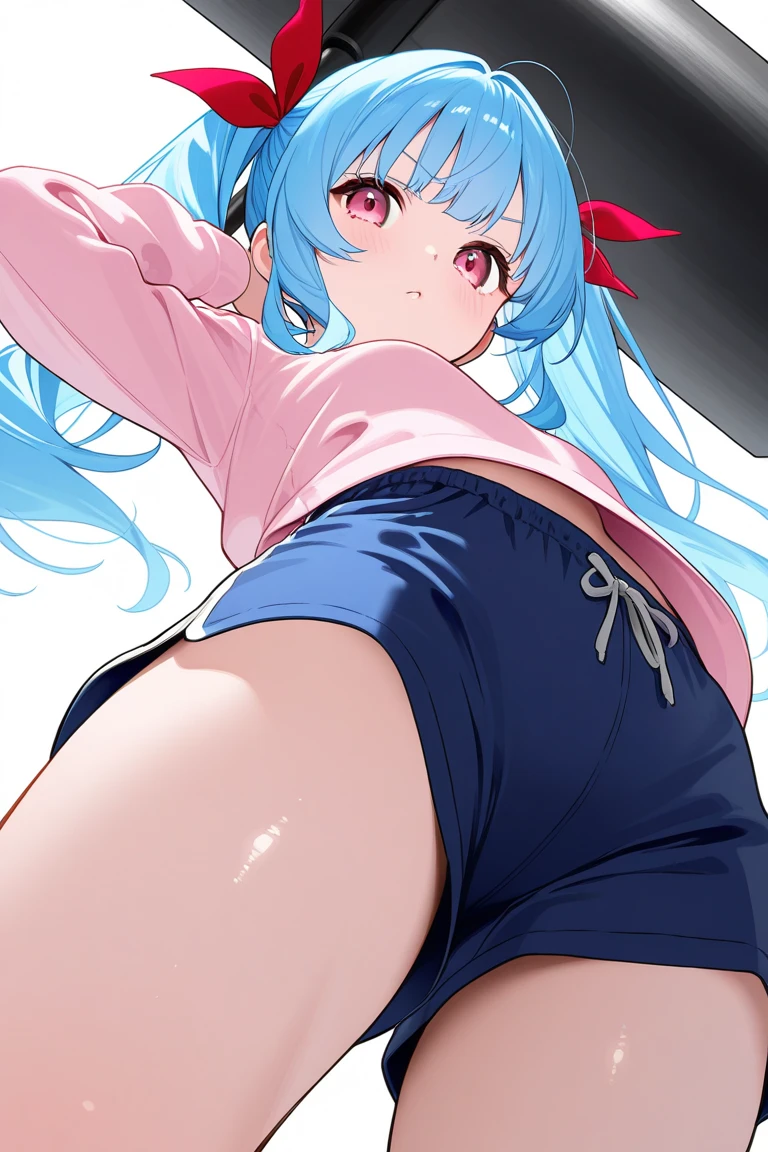 (( 1girl in)), (NSFW)、blush,A pink-haired、yellow eyes、 Light blue striped panties ,Bedroom、huge-breasted、big butts、thick thighs、Sweat、lying on one's side、((:o))、Surprised、(Twin-tailed)、Blunt bangs、Armpits、Hands behind the head、spreading legs、eye glasses、lying on one's side