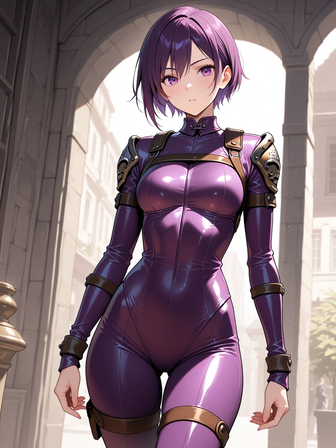 one female character, (musclegirl), ((short-hair)), purple hair, (medium breasts), (big-ass), wearing seductive armor. Muito musculosa