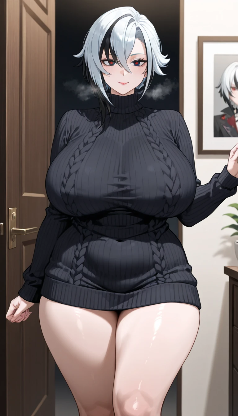 Masterpiece, standing straight symmetrical, full body female, helen parr, masterpiece, best quality, solo, brown hair, brown eyes, turtleneck, sweater, smile, short hair, turtleneck sweater, black sweater, 1girl, closed mouth, indoors, portrait, black sweater, Female, standing, straight, looking at viewer,