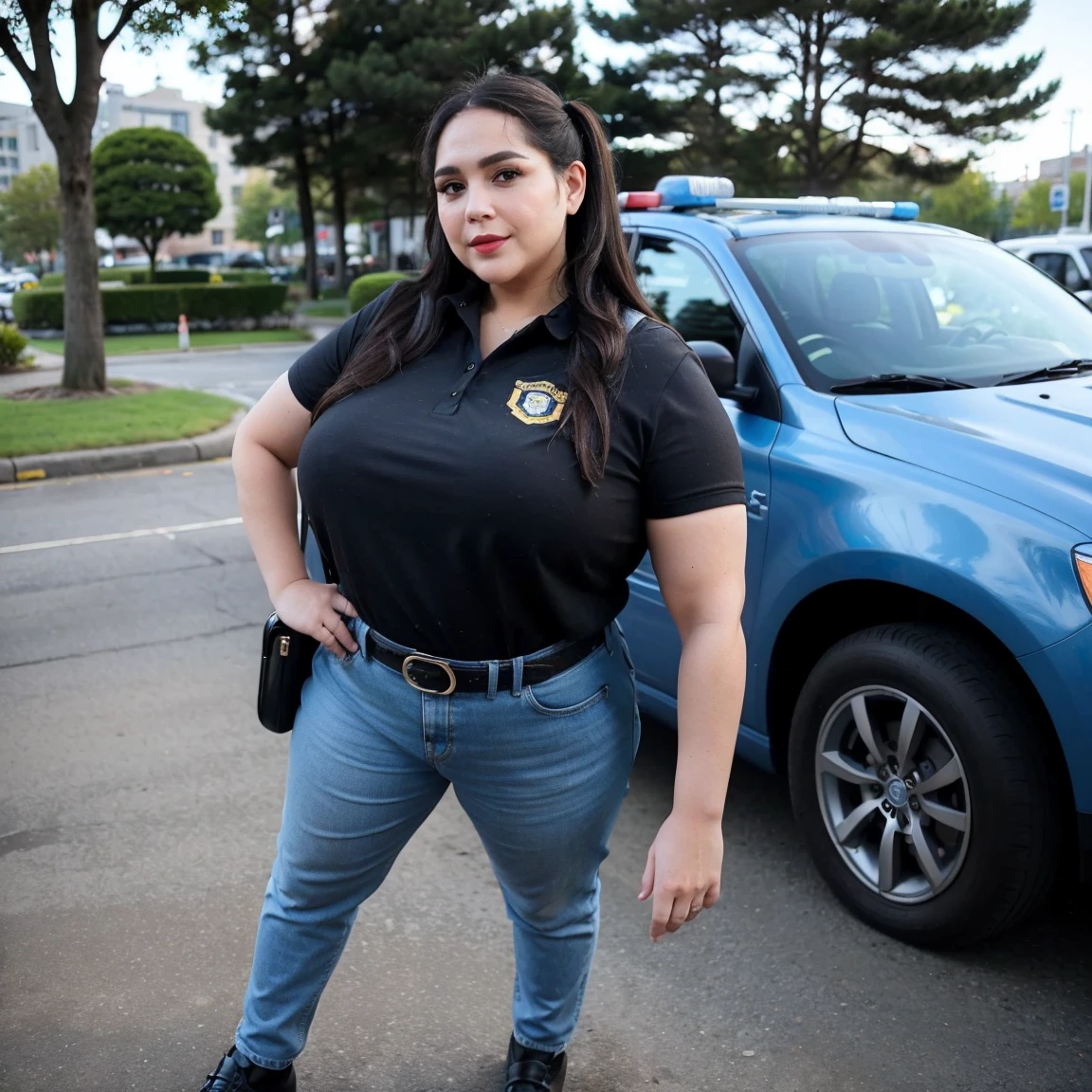 La mejor calidad, hermosas mujeres maduras、Cara hermosa、Mujer de mente fuerte、police woman、brown-hair,police mini suit,ojos marrones、poneyTail、Undersized eye body、centro、fuera de casa、In front of the police car、Police cars are black and white,policia mexicana,grande,Tight pants