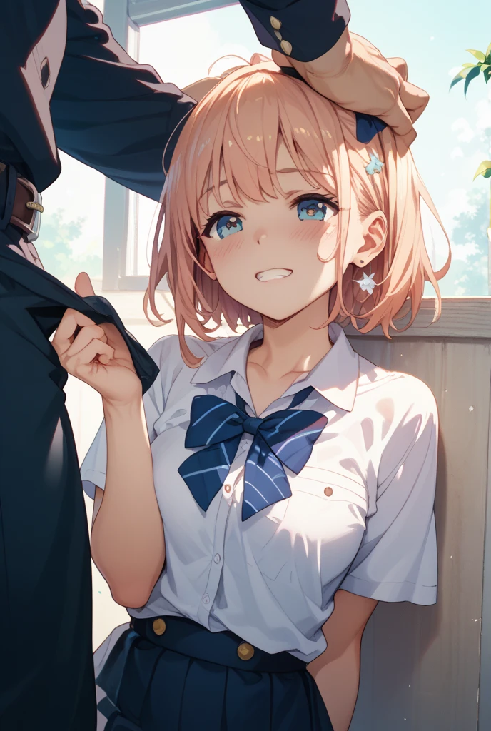 masterpiece, Highest quality, High resolution,(throw_hand grabbing chest),,One girl, One boy,Age difference,bow tie,Blonde,chest,Long Hair,Pink Hair,pleated skirt,Tucked in shirt,short hair,skirt,smile,Tent shirt,amusement_garden,breasts grab