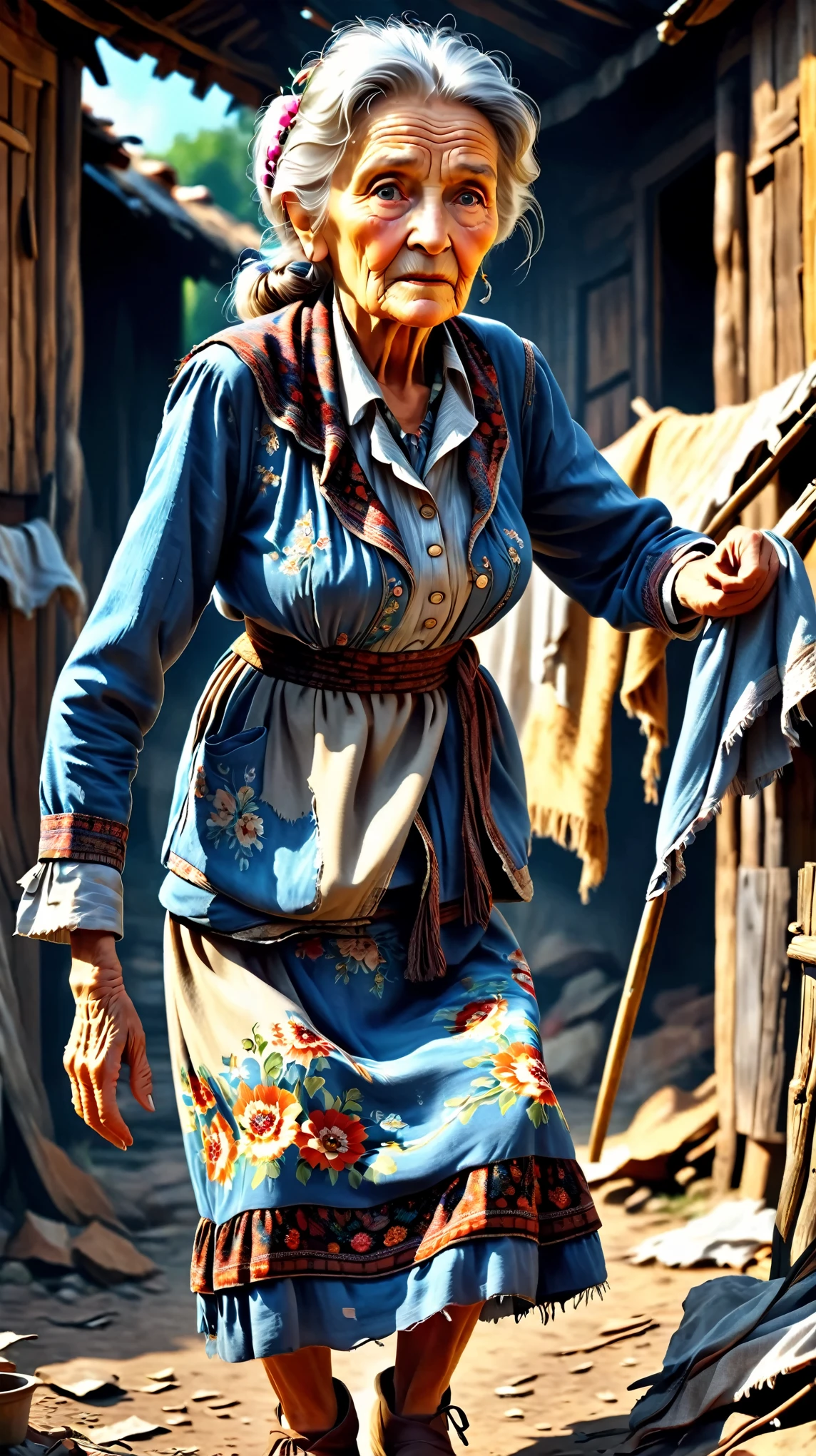 Dynamic photo of a old lady in torn old clothes, at a village, realistic cinematic style, 4k ultra HD quality in 3D