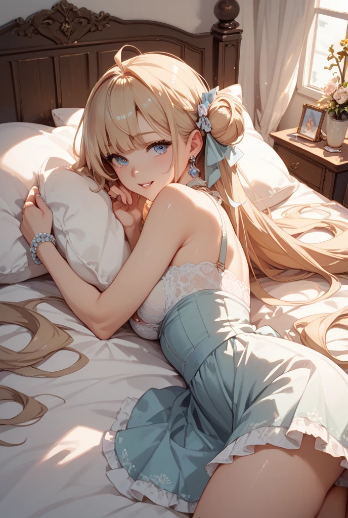 masterpiece, highest quality, Very detailed, 16k, Ultra-high resolution、One 9-year-old girl, Detailed face, Perfect Fingers, blue eyes, Blonde, Braid, Blue Dress, White apron, White panties, Western-style room, bed, Lie on your back