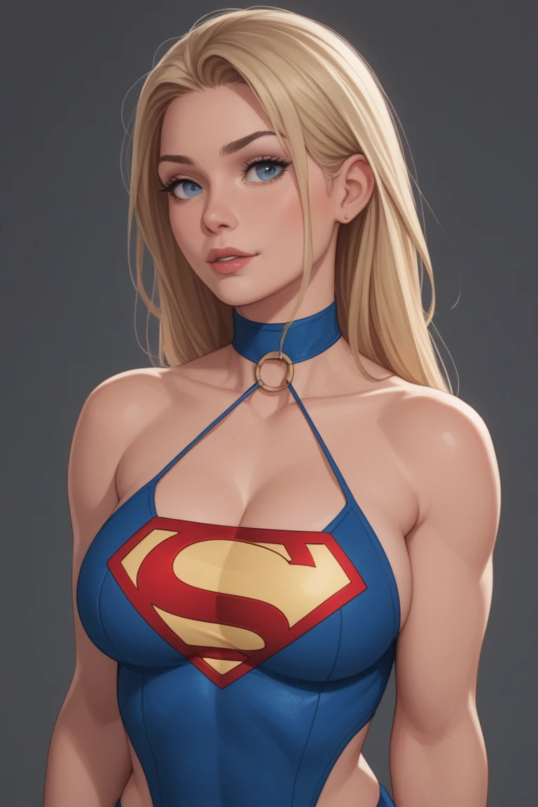 Supergirl in action pose, wearing gold necklace, blond hair, perfect costume, traditional blue suit, traditional red cape,smooth curves, beautiful face, space and planets in background