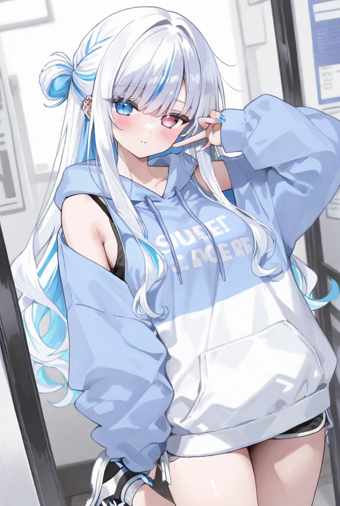 masterpiece, best quality, highres, portrait, 1girl, solo, long hair, looking at viewer, multicolored hair, purple hair, white hair, blue hair, braid, bangs, red eyes, streaked hair, small breasts, breasts, long sleeves, (black hoodie:1.4), simple background, white background, blush, smile, floral print on hoodie