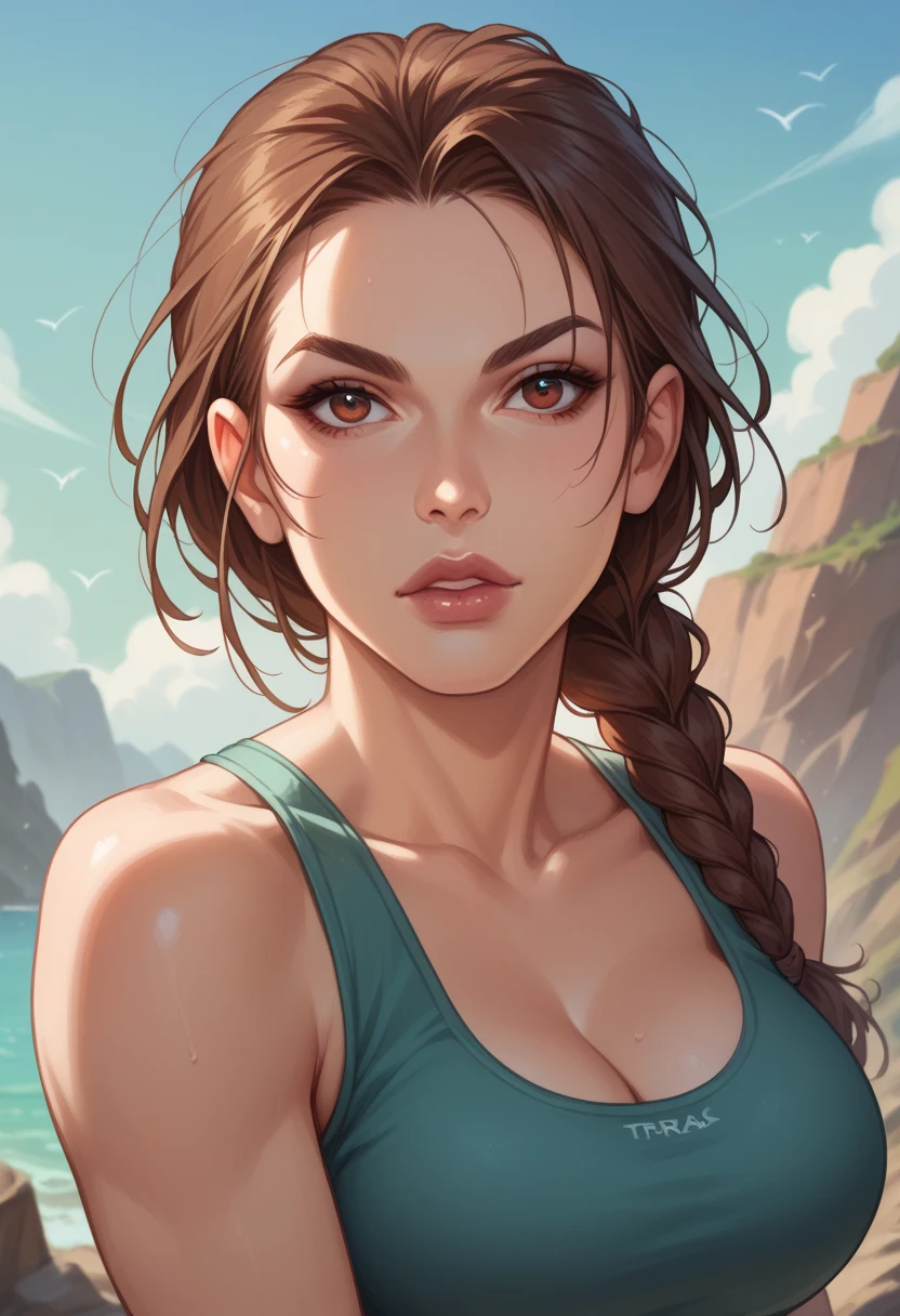 a drawing of a female lara croft,long plaited ponytail(pink skintone:0.9), muscular body, feminine, huge upper body, wide shoulders, veins, beautiful face, full lips, slim face, high cheekbones, muscular, pale blue top, in the art style of mohrbacher, in style of peter mohrbacher, jungle background