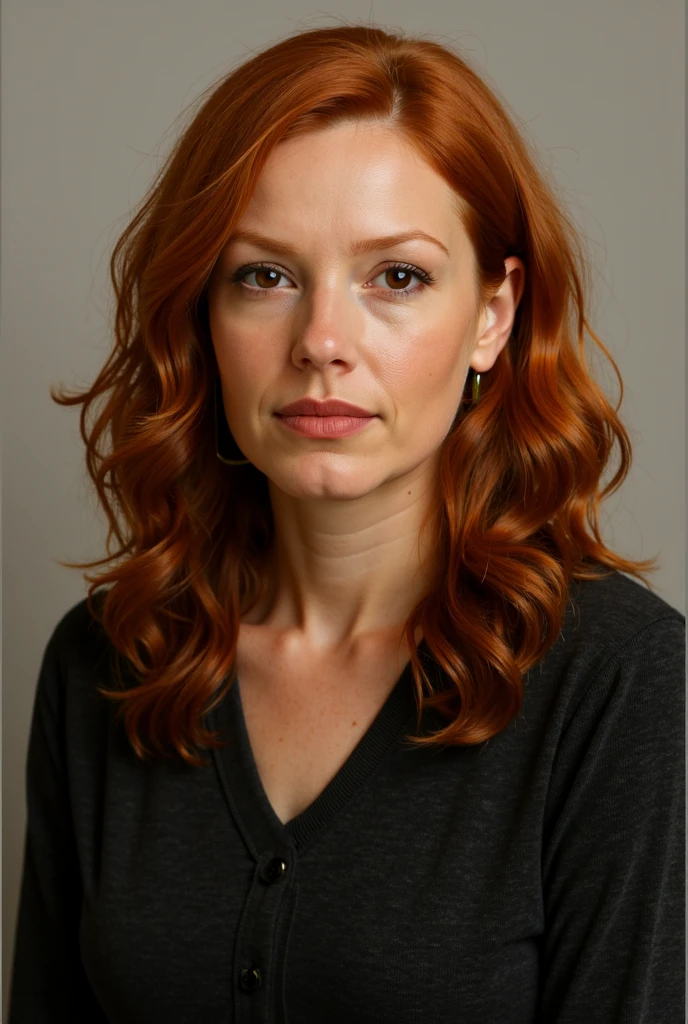 Retrato de plano medio,RAW, una mujer,37 years old , Photo studio,( SFW),[ gran detalle: ( ojos :Miranda otto),( Eyelids : vesper lynd),(between eyebrows:vesper lynd),(cejas : Vesper lynd),(frente: vesper lynd),(nariz:Miranda Otto),(boca: Miranda Otto),(jawline: Miranda Otto), ( jaw angle: Vesper lynd) ,( pechos: Vesper lynd)] looking to the camera, wears V-Neck Ribbed Knit Sweater