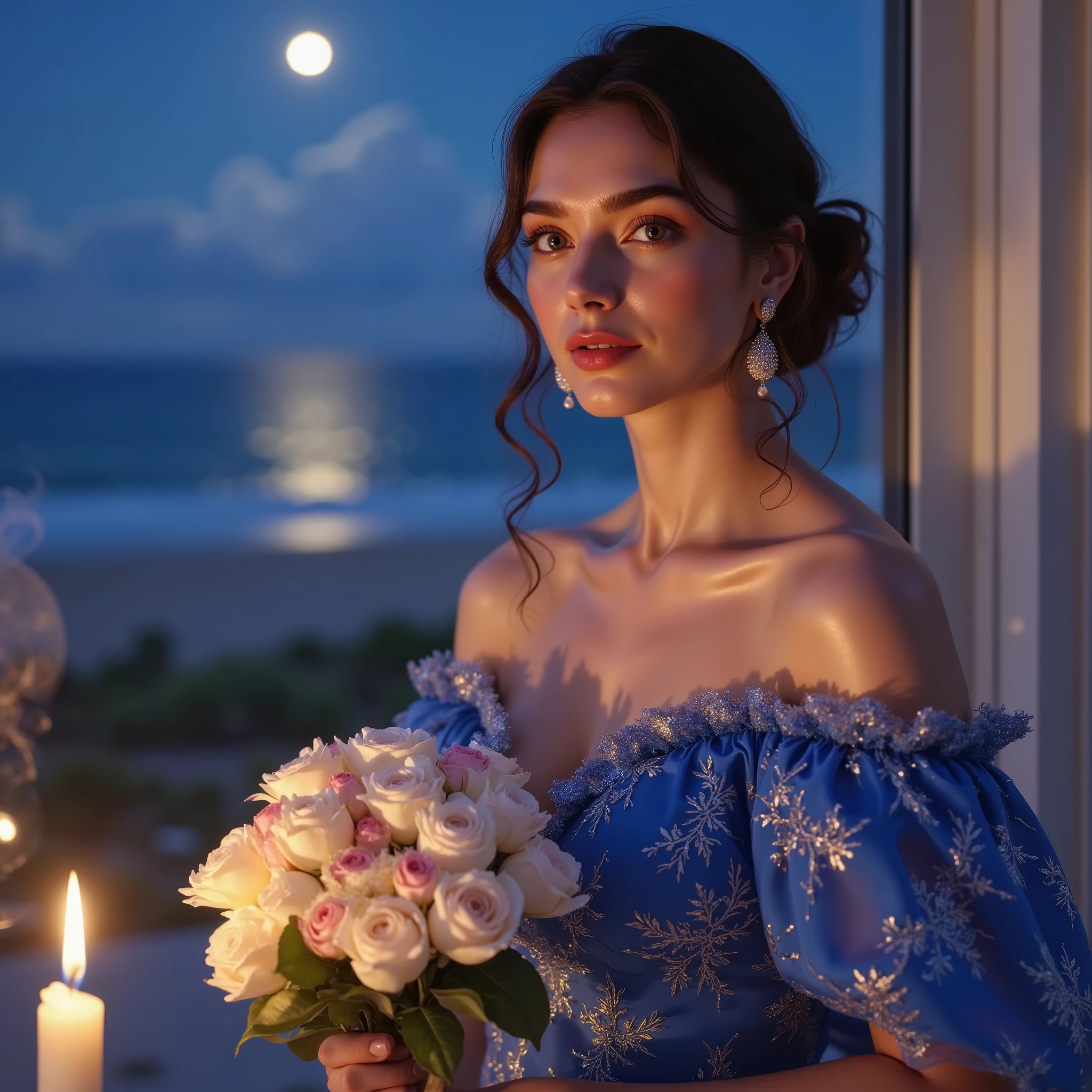 1 woman, elegant pose beauty smile, depth of field, first-person view, f/1.8, 135mm, Nikon, UHD, retina, masterpiece, ccurate, anatomically correct, textured skin, super detail, high details, high quality, best quality, highres, 1080P, HD, 4K, 8k . A plump muscle woman in an elegant, flowing blue gown stands by a window at night, holding a large bouquet of white and pink roses. A lit candle on the windowsill casts a warm glow, illuminating her delicate features and the intricate details of her dress. The background reveals a serene ocean view under a moonlit sky, with soft light reflecting off the water. She wears dangling pearl earrings, and her hair is styled in an intricate updo with loose curls framing her face, happy vibes beauty smile. The scene exudes a romantic, ethereal atmosphere.