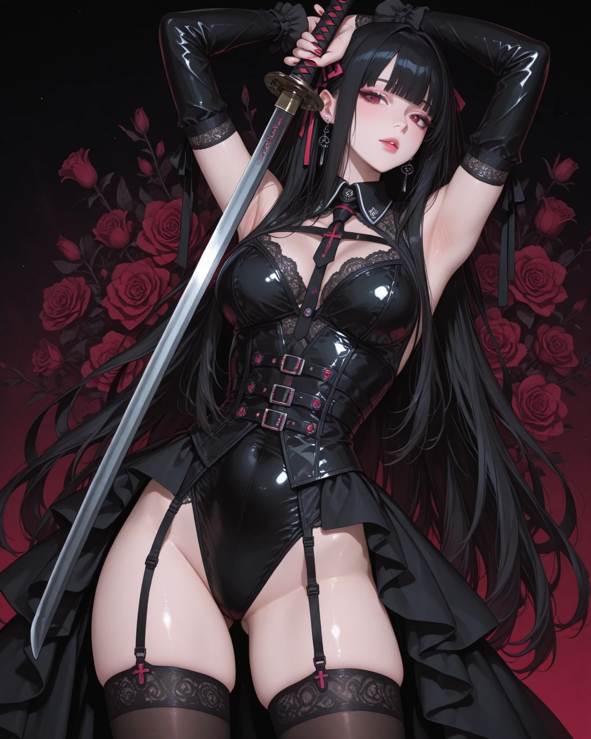 solo girl,Glossy metalic light silver tank top, tight latex shiny, Red interpolation color,Black hair bob,red eyes, camel toe, Samurai Sword,
Lift one leg, sexy lady, โชว์กางเกงใน girl,
