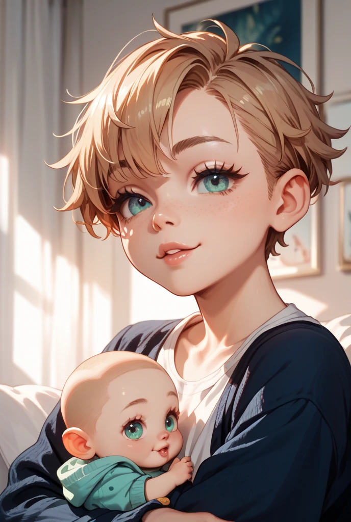 ( High quality , ultra detailed, careful with hand and face ) Dark, HD quality, Zepeto characters, realistic woman and little boy body, focus on face, pretty woman, cute chubby little boy holding a teddy bear, both characters looking at the camera.