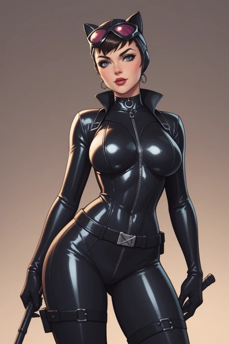 Prompt: catwoman stands seductively on a cornice, staring out at the city below. she wears her iconic black leather catsuit. her outfit glistens in the moonlight and her face is marked with determination. ((rendered in the incredible style of jose luis garcia-lopez)), with a focus on sharp lines and bold colors to create a dynamic image that captures the essence of this comic book legend. ((details: athletic body, long steel claws), (masterpiece:1.4), photorealistic, best quality, beautiful lighting, intricate, high detail, sharp focus, dramatic, (raw photo, 8k uhd, film grain), subsurface scattering, reflections --auto --s2