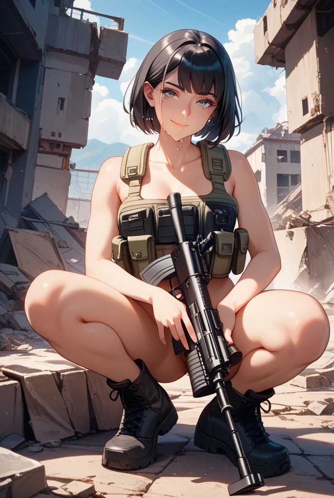 female soldiers、Angry expression、Glare、Pubic hair is visible、Enemy soldiers are watching、Tied up in square、Pee on yourself、ponytail、On all fours