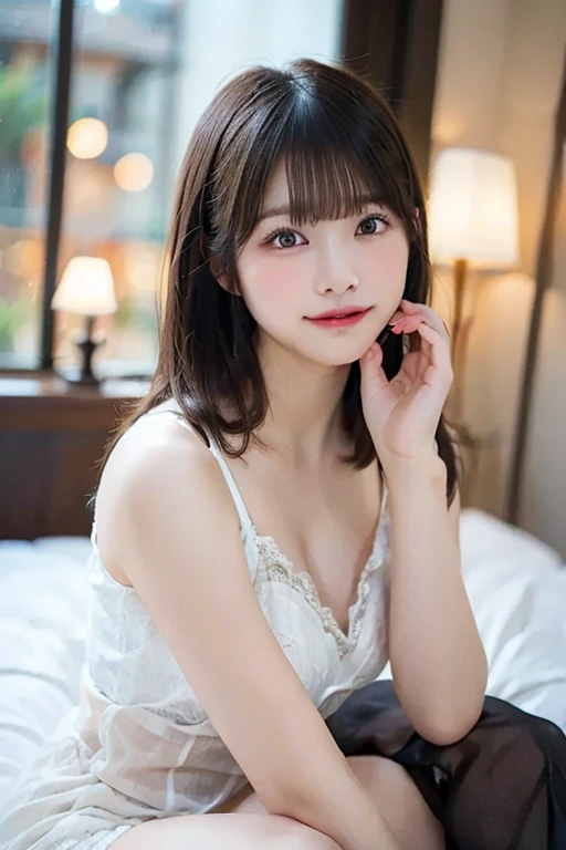 in 8K,Best Quality:1.4, 超A high resolution:1.5, (Photorealistic:1.4),masterpiece:1.2,(top-quality:1.4)、 Raw photo、 (the background is blurred) 、FULL BODYSHOT、Bedrooms、 1日本人の女の子, Cute, (Solo:1.4), (Shy smile), Smooth skin、Neat underwear、 (Brown medium hair,Bangs), (touch hair:1.4),nogizaka,undergarment,Supple fingertips,Beautiful black eyes、dual、natural skin textures:1.3, realistic eyes and face details:1.7、middlebreasts、Gravure Pose:1.1、Toned buttocks:1.5、gazing at viewer