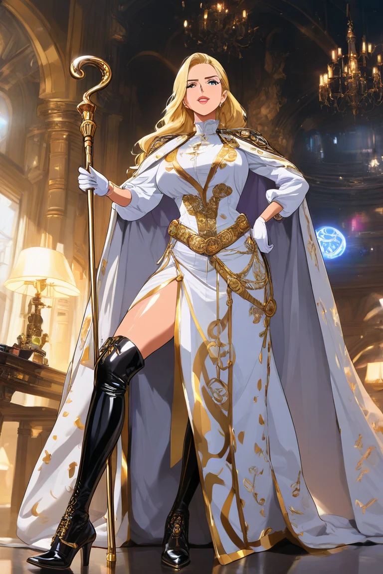 masterpiece, best quality, high quality, elf, long hair, pale hair, yellow eyes, purple skin, deep blue cape with golden ornaments (1solofemale full body standing straight symmetrical, hands on hips)