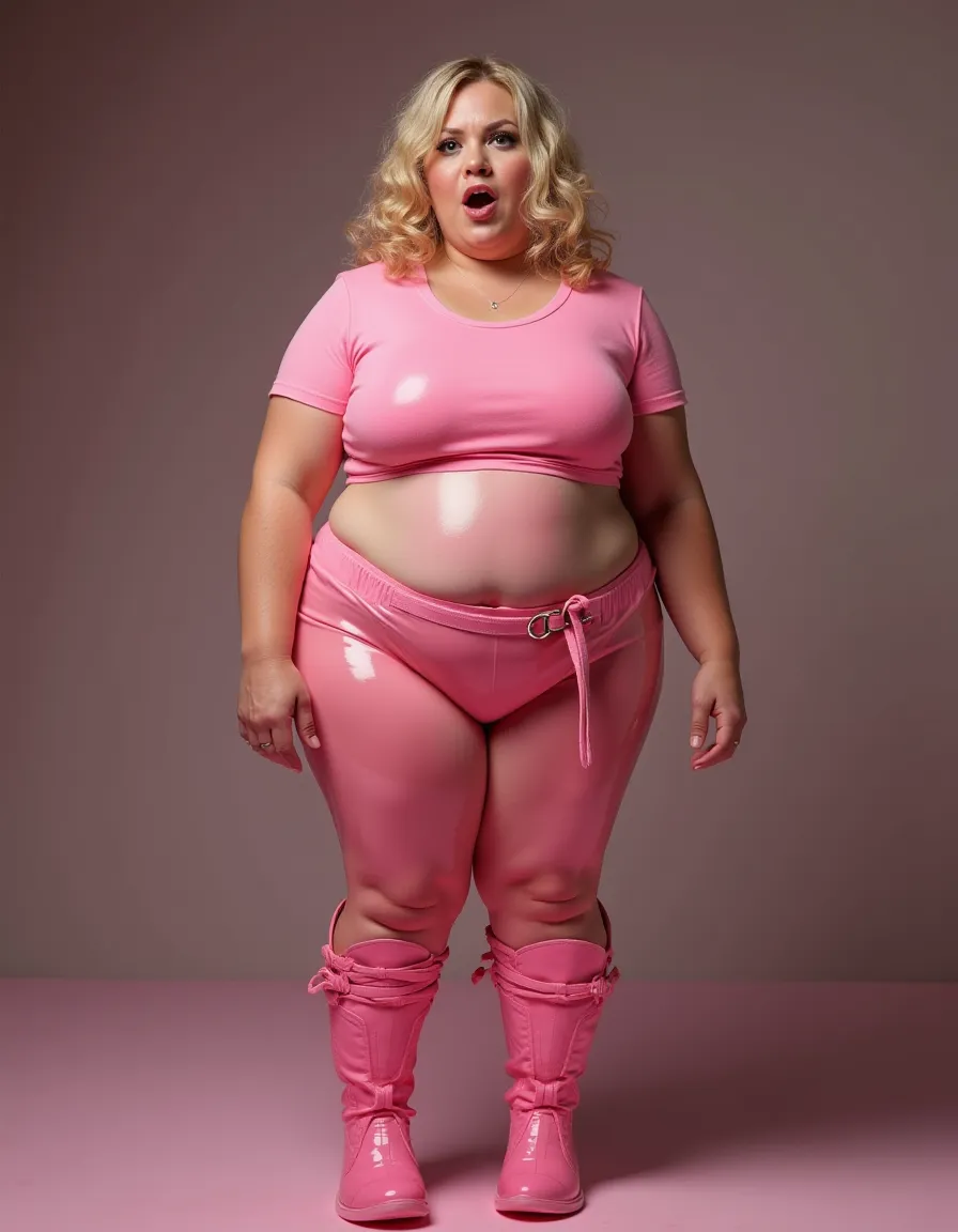 A mature SSBBW woman, corpulent, obese, large-breasted, heavily made-up and wearing a leather dog collar, with very long blond hair. she's wearing a pink bikini only here's the color code in Hexadecimal #FFC0CB she's in the middle of a Californian dessert 
