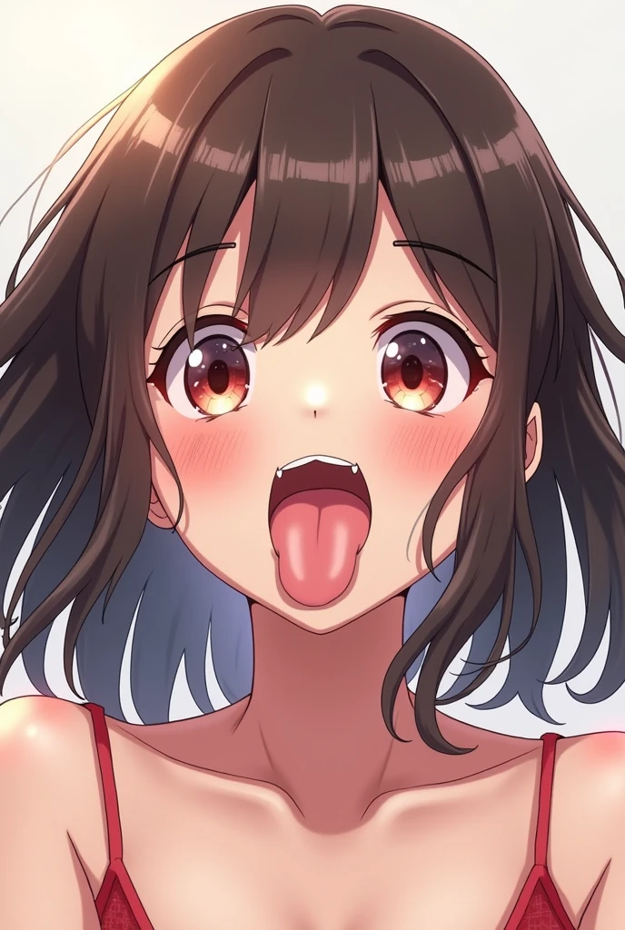 ((1girl, Mayoi, monogatari \(series\))), beautiful detailed eyes, red eyes,half-closed eyes, (tareme), (opened big mouth, licking, Sticky tongue), nsfw, (close-up mouth), (curvy, Slender),(cleavage), from above, Highest quality, Super detailed, masterpiece, Ultra-high resolution, 8k, Embarrassing, blush, Lovely, (With tears in my eyes), Sticky saliva