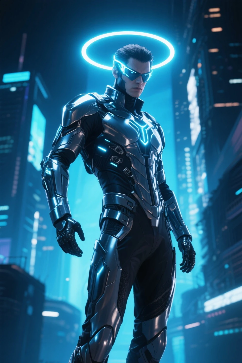masterpiece, best quality, 1 male, adult, handsome, tall muscular guy, broad shoulders, finely detailed eyes and detailed face, extremely detailed CG unity 8k wallpaper, intricate details, Cyberpunk, motorcycle, goggles, holographic, black jacket, intense run, speed, night city, neon sign, skyscraper, depth of field