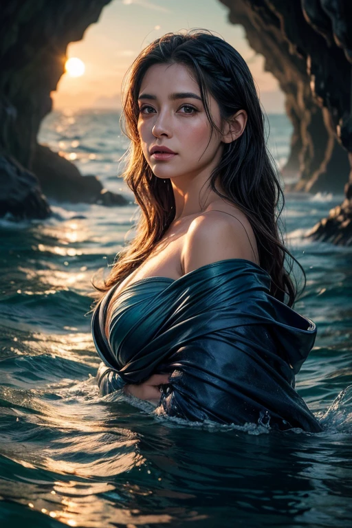 woman in blue cape is walking in the sea, iraniano,  elegante, Fantasy closeup with water magic,((ondas)), linda donzela, wearing a cape made of water, decote, realistic oil painting, pingando, in water up to your shoulders, woman encharcado by ondas,  bela pintura realista, nymph in water, retrato hiperrealista no oceano, foto de fantasia hiperrealista, espirrando, pintura de fantasia realista, foto fofa, profundidade de campo estreita, retrato, sunset, 8K, encharcado, ((encharcado)), Dripping water, Dripping oil, Roupas pesadas, soaked in oil, Todo molhado, cabelo escuro curto, cabelo molhado e pingando, tiro em ponto de vista, retrato, posando, twilight, Sol vermelho, brilho do sol, ((olhando para o espectador))