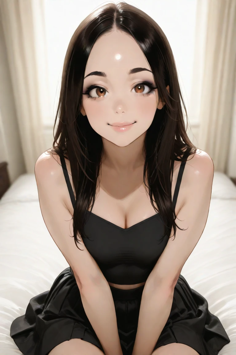 Amazing portrait of a sexy woman wearing her long straight luscious black hair, seductively gazing and smiling, soft lips, parted, blushing intensely, smiling, brown tank top, brown skirt, medium chest, perfect body