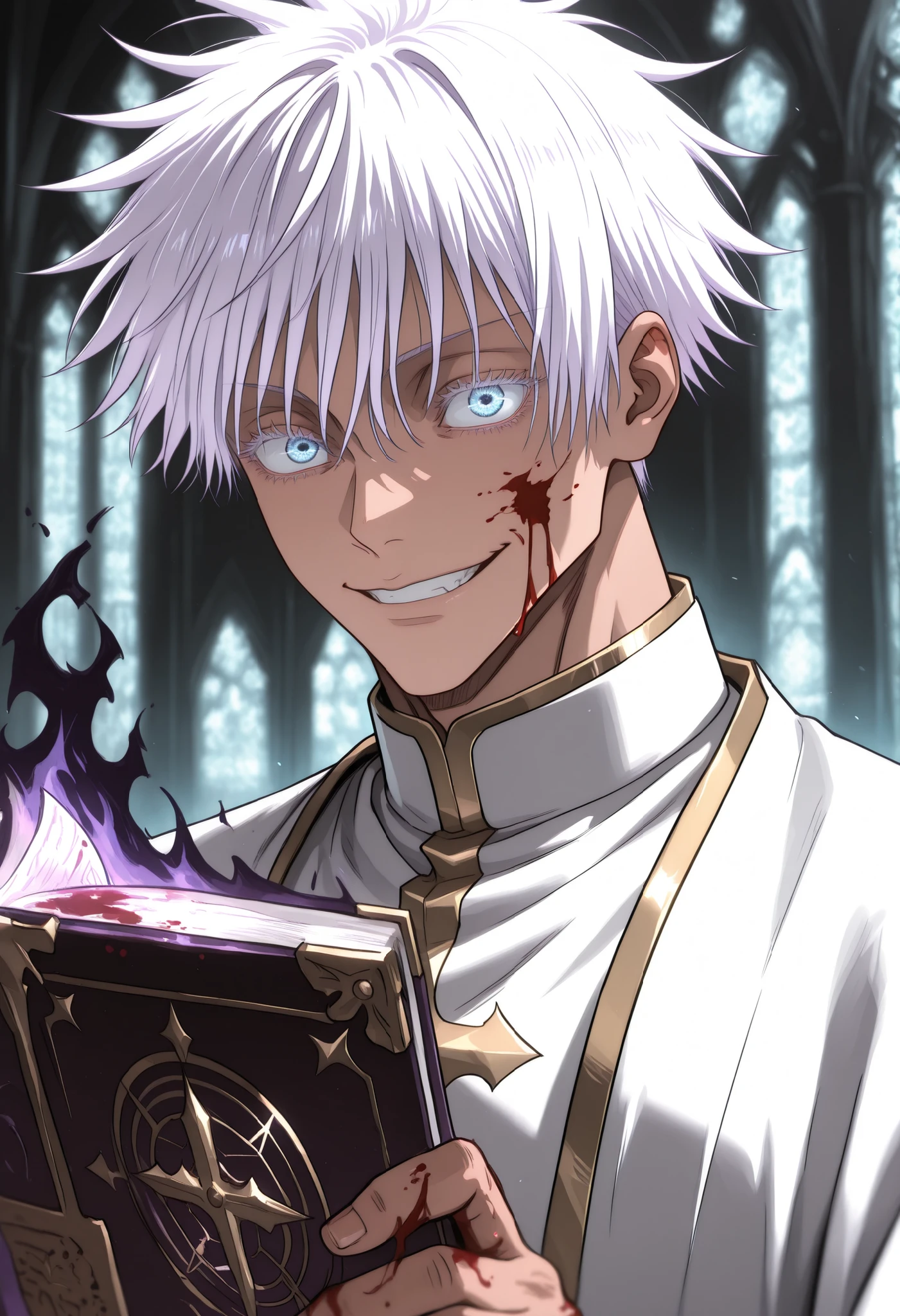 purple theme, pink theme, brown theme, black theme, grey theme, white, theme, violet theme, turquoise theme, maroon theme, gold theme, silver theme,, 1man, gojou satoru /(jujustu kaisen/), detailed eyes, blue eyes, white hair, short hair, detailed eyelashes, colored eyelashes, sexy man, trained body, muscular, handsome, cool, mature man
strong jaw, attractive, sexy, perfect eyes, depth of field, beautiful detailed eyes, game graphics looking at the viewer, dark church background, white robes, golden embroidery, cleric, priest, cross, long robe, lunatic, evil smile, evil eyes, mad, covered in blood, blood on face, blood on clothes, deranged, evil, shadows, blood aura, evil magic, dark magic, holding grimoire, casting spell, magic circle, blood on hands, blood splatter, wind, blood runes, black fire,