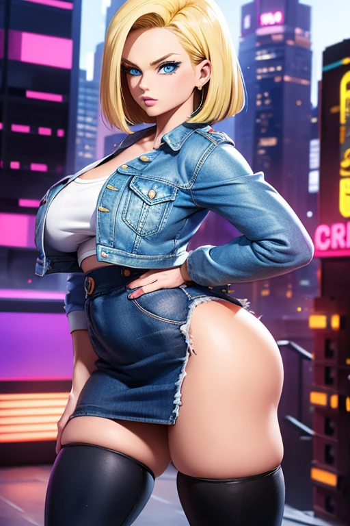 android 18, android 18, blonde hair, blue eyes, eyelash, hoop earrings, short hair, earrings, break belt, black legwear, black shirt, breast pocket, cleavage, clavicle, denim, denim skirt, high-waist skirt, jewelry, long sleeve, pocket, shirt, shirt tucked in, skirt, striped, striped sleeves, waistcoat,, break outdoors, city, null, cloud, sun, break looking at viewer, (cowboy shot:1.5), break (masterpiece:1.2), highest quality, High resolution, unity 8k wallpaper, (shape:0.8), (beautiful and detailed eyes:1.6), highly detailed face, perfect lighting, Very detailed CG, (perfect hands, perfect anatomy)