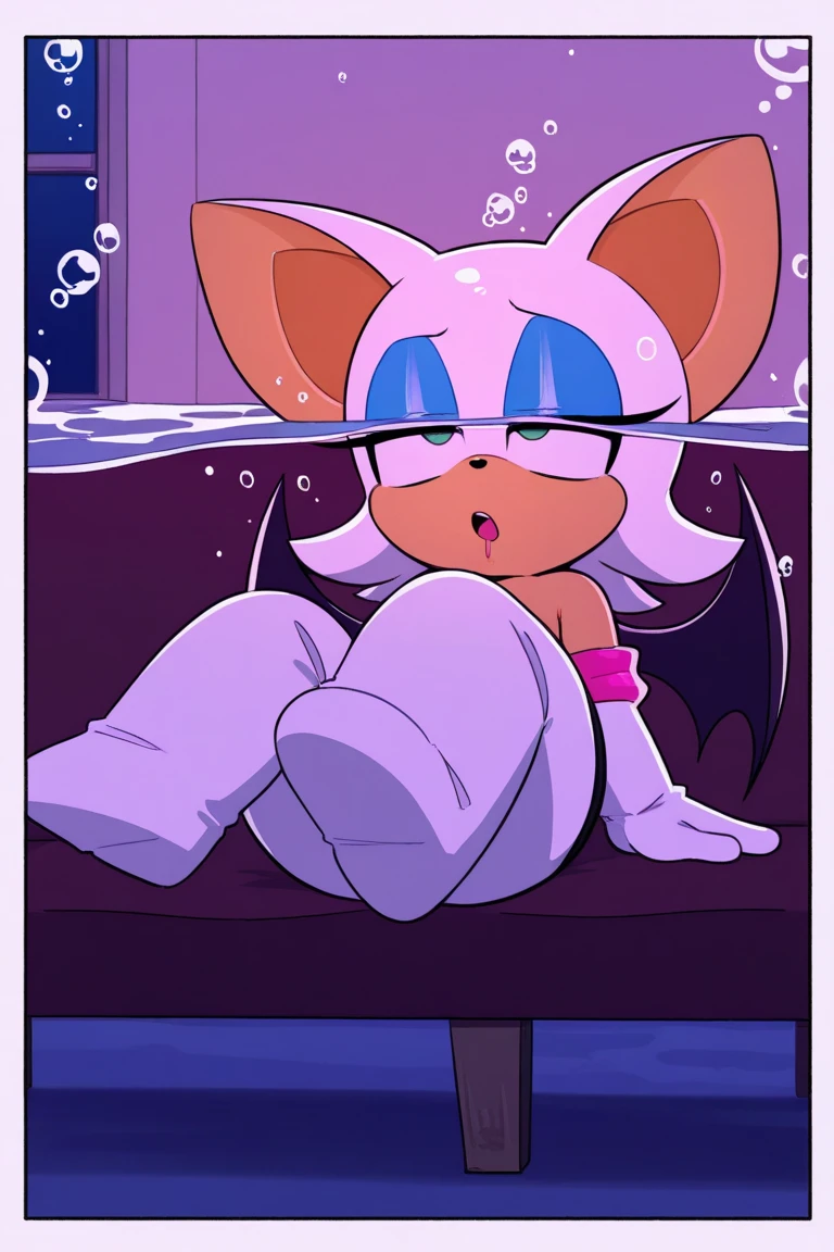 Michiru, Art by Nekuzx, (detailed fluffy fur), raccoon girl, 1girl, solo, (multicolored eyes), body fur, raccoon ears, two-tone hair, (animal nose:0.8), short hair, (raccoon tail:1.0),  (small_breasts:1.1), brown fur, (dark skin:1.0), (smug), (smug eyes), bathtub, naked, bathing, bubble bath, covered, entirely submerged, relaxing, ((bubbles)), (breasts submerged), tied up, restrained, bound, (ball gag)