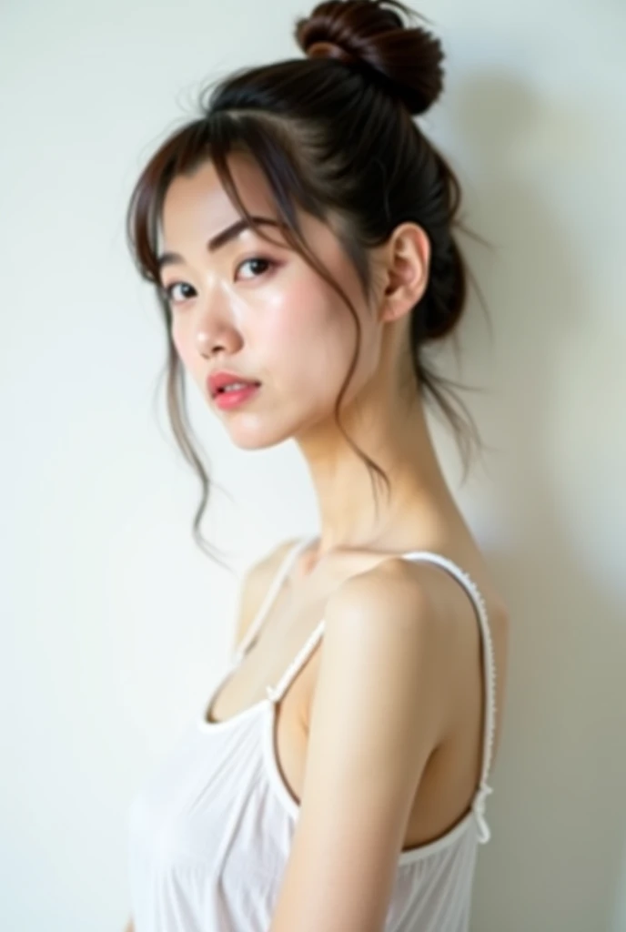 (raw photo:1.2), (photorealistic:1.4), beautiful detailed girl, very detailed eyes and face, beautiful detailed eyes, ridiculous, incredibly ridiculous, huge file size, super detailed, high resolution, very detailed, best quality, masterpiece, illustration, very detailed, CG, unified, 8k wallpaper, amazing, Fine details, masterpiece, best quality, very detailed CG uniform 8k wallpaper, light on face, cinematic lighting, pale skin, a close up of a woman in a pink sleeveless dress posing for a picture, beautiful Japanese woman, beautiful young Japanese woman, big eyes:1.1, double eyelids:1.1, thick lips, parted lips:0.8, shoot from side, looking at viewer,