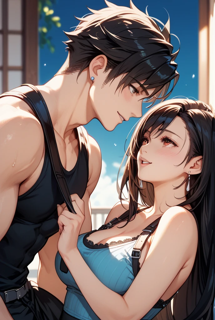 A young couple is romancing inside a boat. The woman is wearing short sexy clothes. Her hips are very big and has a tattoo. It is night. There is a forest nearby.