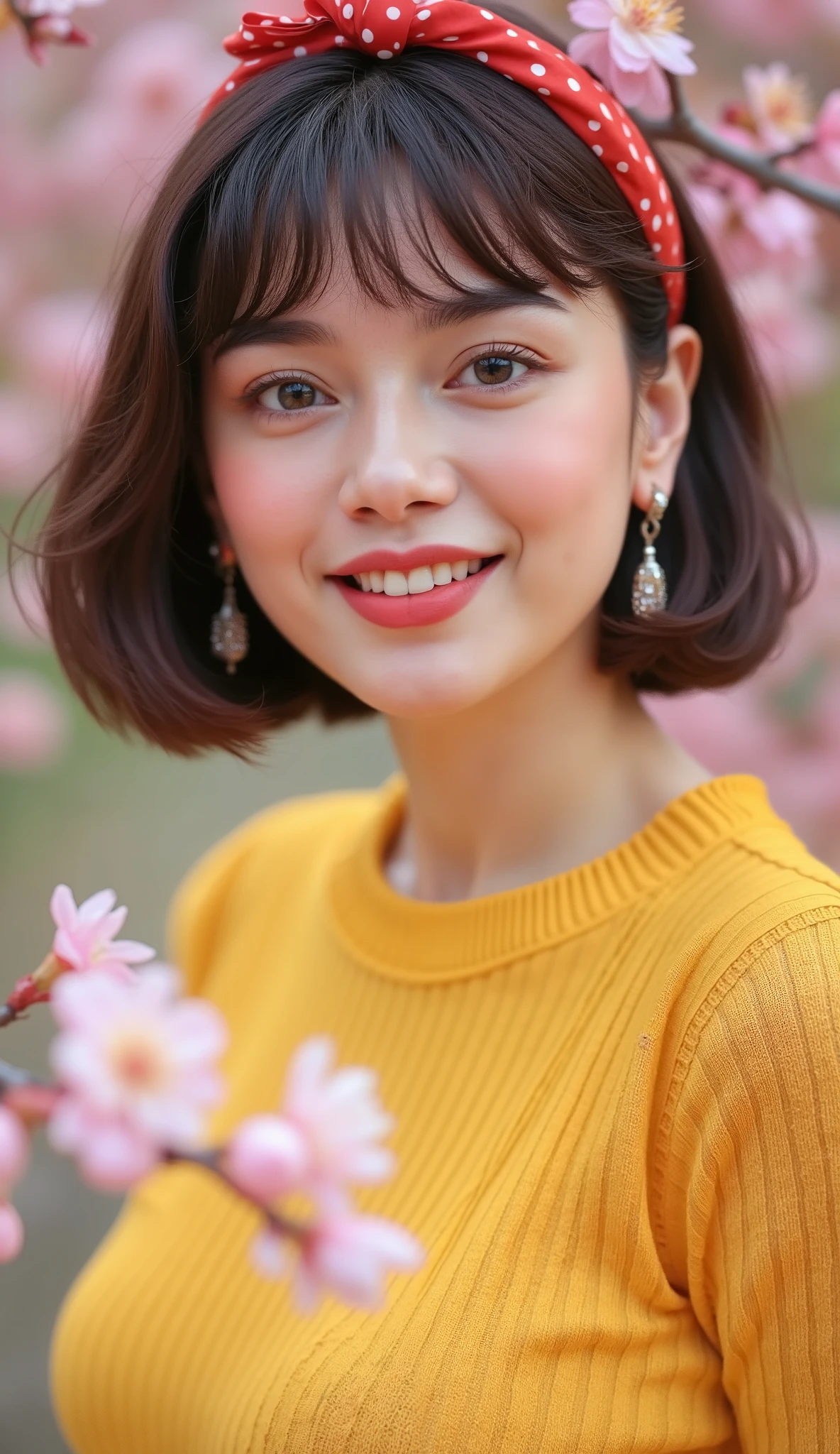 1 woman, elegant pose beauty smile, depth of field, first-person view, f/1.8, 135mm, Nikon, UHD, retina, masterpiece, ccurate, anatomically correct, textured skin, super detail, high details, high quality, best quality, highres, 1080P, HD, 4K, 8k . Mature plump muscle Woman, ( detailed description of hair ), (Detailed description of the face), (Detailed description of the body), high definition , masterpiece, top quality, high detail, formal: 1.4), ( realistic : 1.2, 超 realistic な: 1.1, Realistic: 1.37), ( sharp focus : 1.4), depth of field, physically-based rendering , sadistic, unrivaled beauty , (Ultimate beauty), (lipstick:1.1), (55 years old,: 1.4), Japanese、(( Closeup ))、 fine lines of laughter :1.2、((ribbed sweater in yellow:1.2)),(( standing on the cherry blosson background))、((bob hair with bangs have ornate cliphair and red white polkadot headband ribbon))、