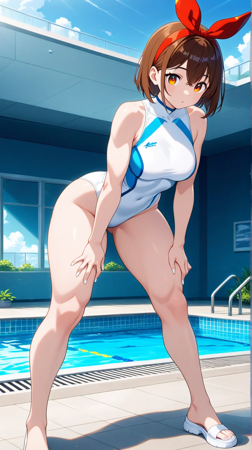 Duo, score_9,score_8_up,score_7_up, source_cartoon, source_anime, 2 woman, a tall thick dark skin woman with black hair in a ponytail and green eyes wearing a school swimsuit, and a man wearing a speedo with a big dick, man and woman are standing in water, woman is bent over pool ledge, man is having sex with woman, man is fucking woman's vagina, rear view, school pool, nsfw