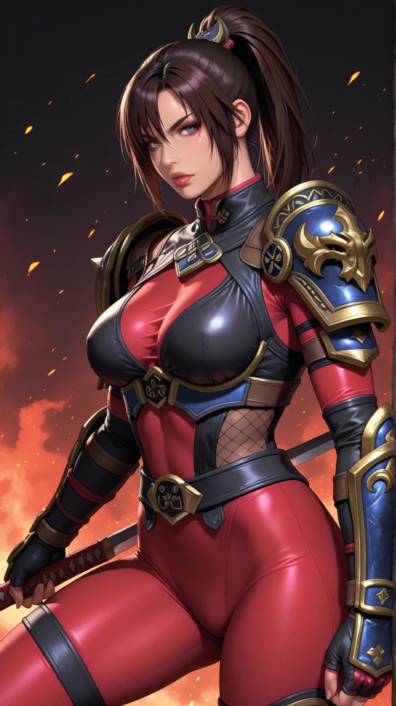 (masterpiece), best quality, expressive eyes, perfect face(masterpiece), best quality, expressive eyes, perfect face, Female warrior, very short black hair, scar on left eye, bronze skin, red lips, amber eyes, muscular, wide hips, large breasts, holding a sword, red cape torn shoulder, arm sleeves, belt on legs, steel plate boots, steel plate gauntlets, chocker, breast plate, pussy plate, body scars, standing, arm armor, leg armor, half naked